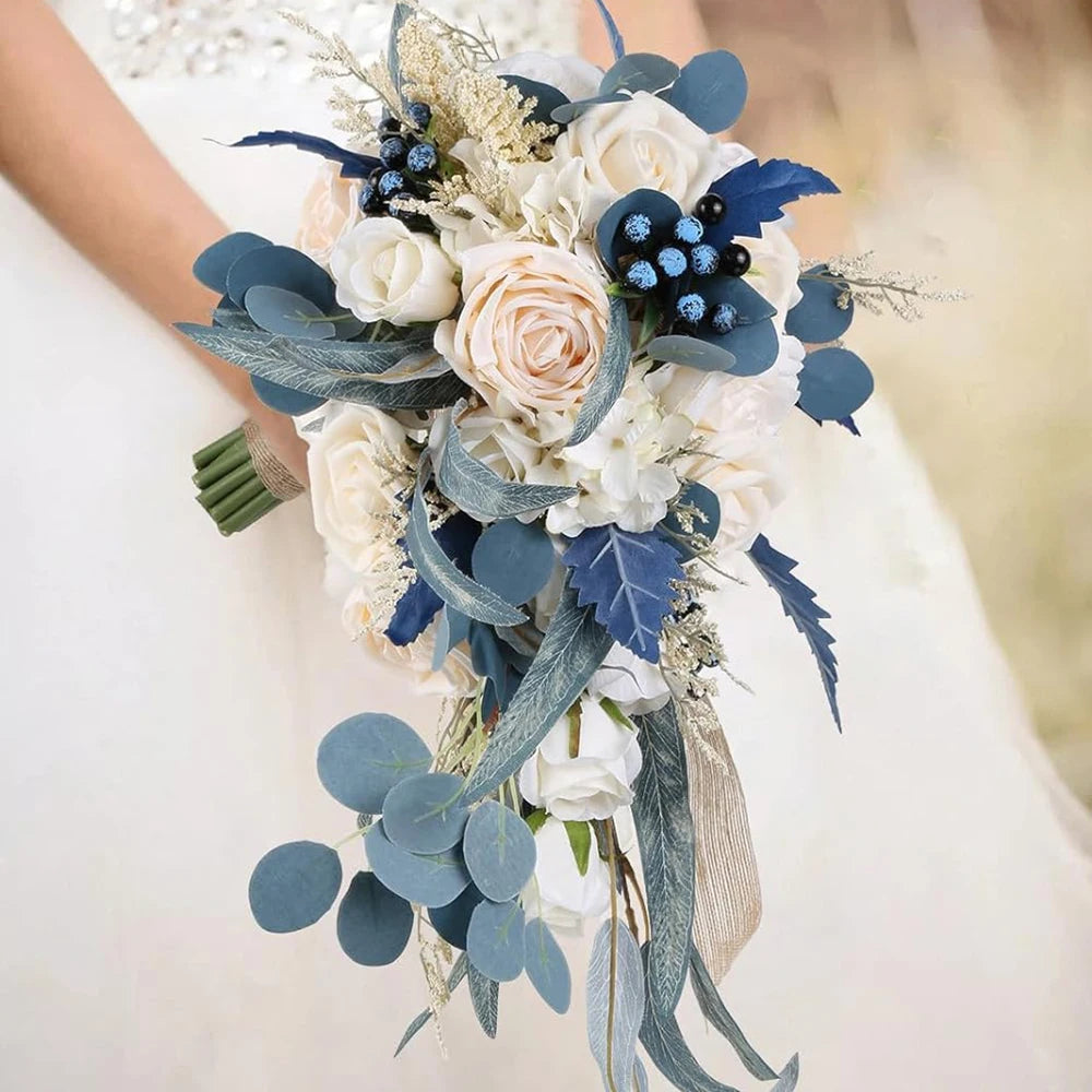 Yannew Champagne Blue Wedding Bouquets for Bride Bridesmaids Artificial Flowers Casading Wedding Bouquet Wed Bridal Shower Decor