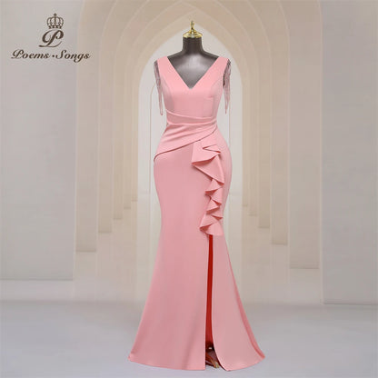 Sexy side slit Party dress for women Long Prom Dress Soft Satin shoulder Beading evening dresses bridesmaid dresses Maxi Dress