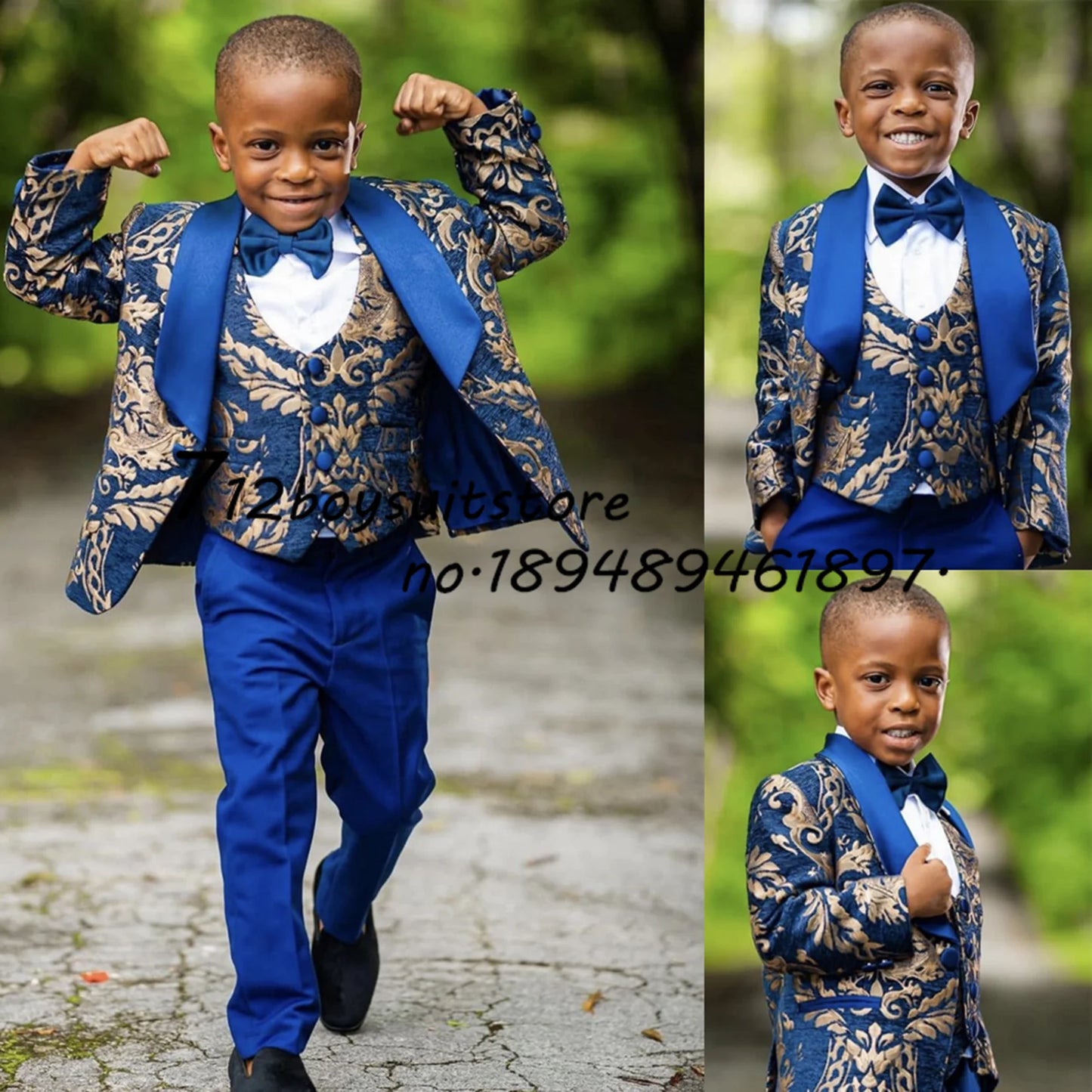 Suit for Boys Wedding Floral Jacket Pants Vest Three-Piece Set Gold Pattern Fashion Blazer Kids Complete Clothes ملابس اولاد