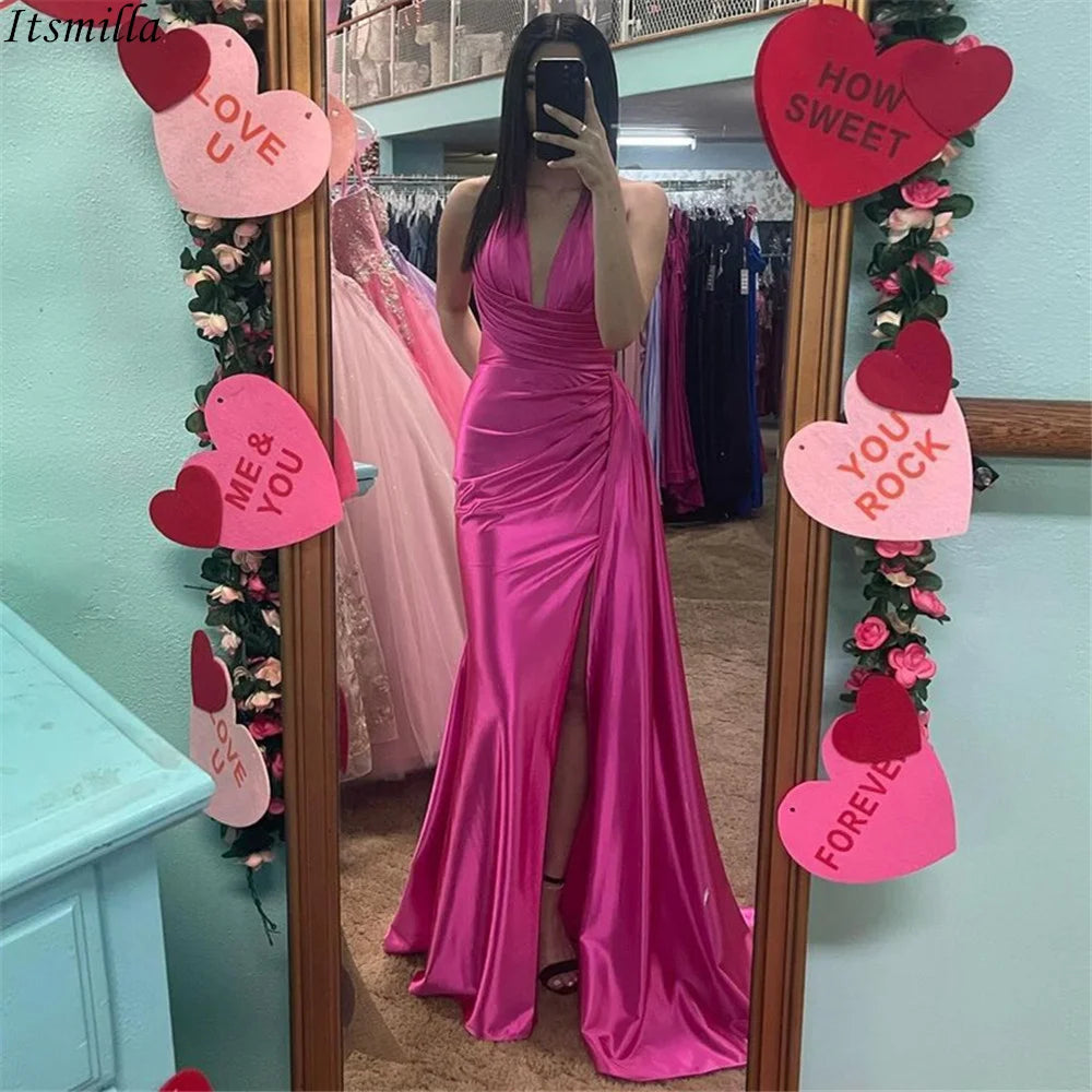 Itsmilla Fitted Satin Long Formal Occasion Evening Dress with Side Sash 2024 Halter V-Neckline High Side Slit Prom Party Dresses