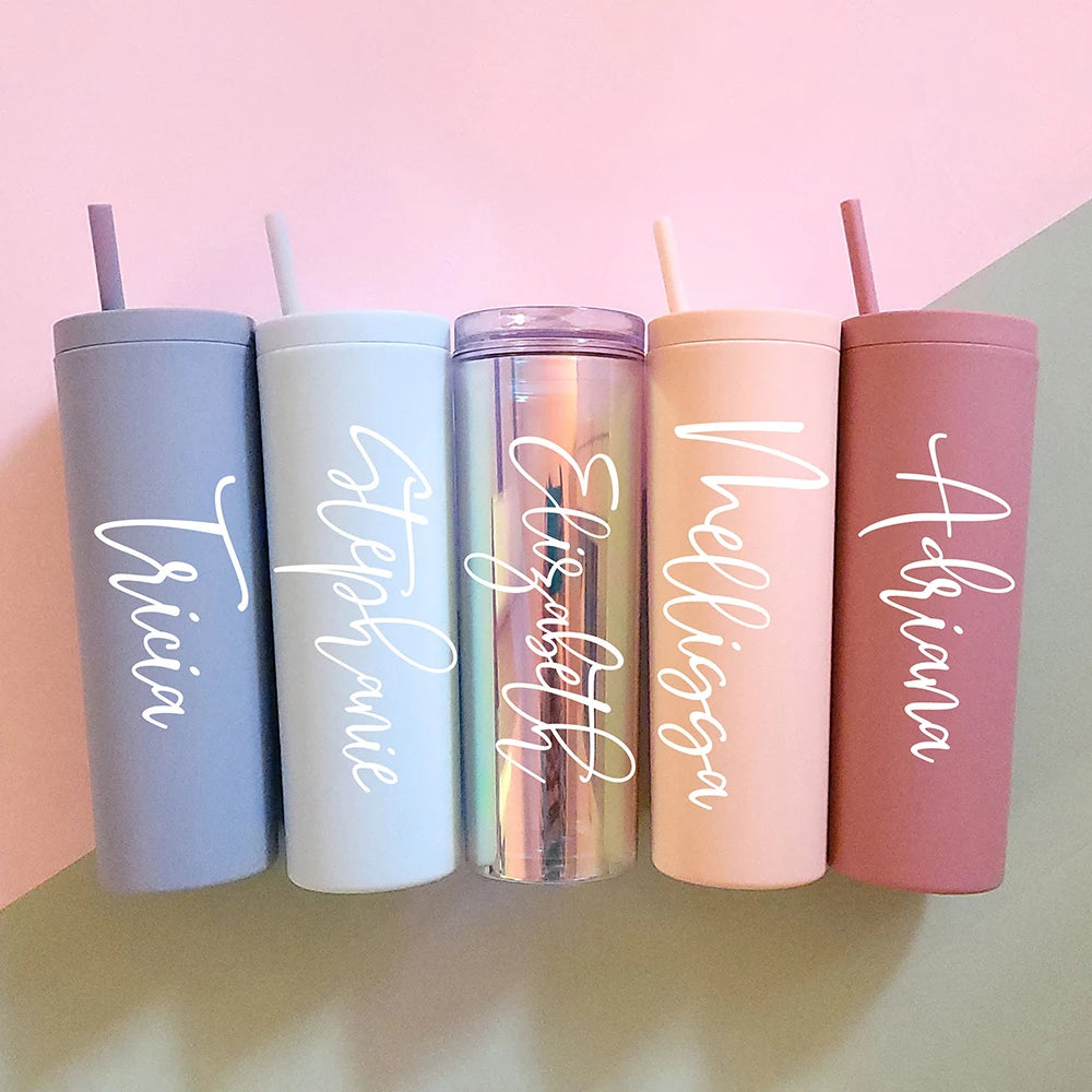 Personalized Slim Skinny Tumblers 16oz Matte Acrylic Water Bottle With Lid Straw Hen Party Bridesmaid Gifts Double Wall Colorful