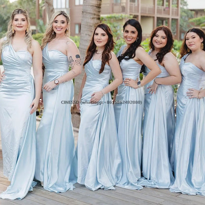 Elegant One-Shoulder Mermaid Bridesmaid Dresses Simple Sleeveless Satin Wedding Party Gown Vestidos Para Bodas With Train