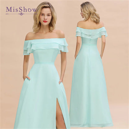 Long A Line Bridesmaid Dresses with Front Split with Off-Shoulders and Pockets Mint Green Maxi Prom Gowns For Wedding Party