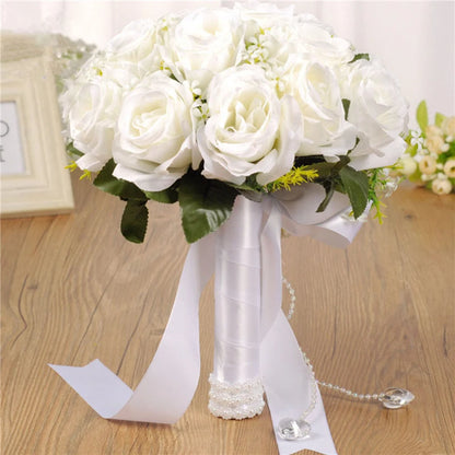 Bridal Bridesmaid Wedding Bouquet White Silk Flowers Roses Artificial Bride Boutonniere Mariage Bouquet Wedding Accessories