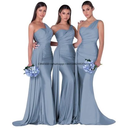 Elegant One-Shoulder Mermaid Bridesmaid Dresses Simple Sleeveless Satin Wedding Party Gown Vestidos Para Bodas With Train