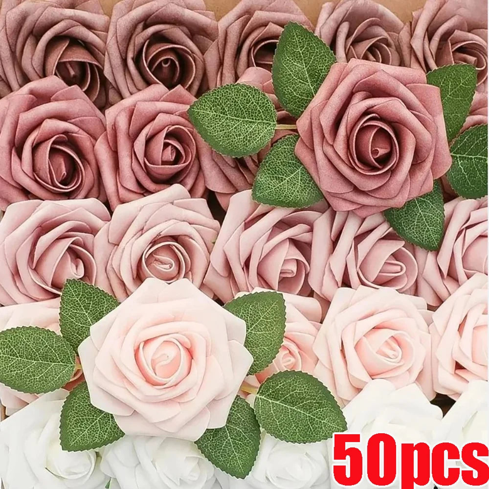 5/50PCS Artificial Rose Flower DIY Wedding Bouquet Red Velvet Foam Fake Rose Flower Valentines Mothers Day Gift Party Decoration