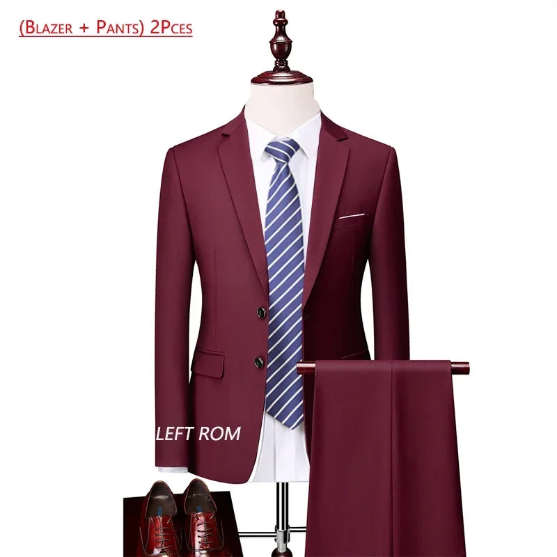 14 Color M-6XL ( Jacket + Vest+Pants ) High-end Brand Formal Business Mens Suit Three-piece Groom Wedding Dress Solid Color Suit