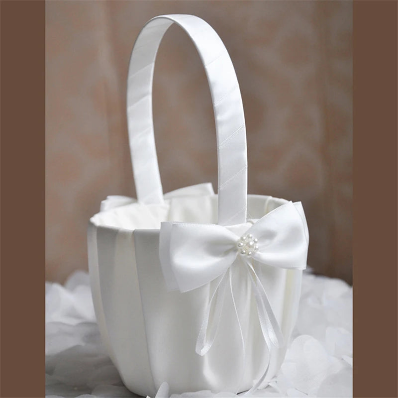 Elegant Wedding Flower Girl Basket White Cute Satin Holder Ring Pillow Flower Storage Basket for Party Wedding Decoration