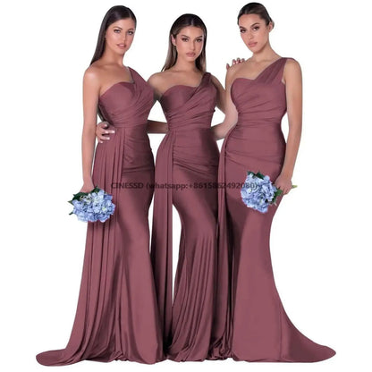 Elegant One-Shoulder Mermaid Bridesmaid Dresses Simple Sleeveless Satin Wedding Party Gown Vestidos Para Bodas With Train