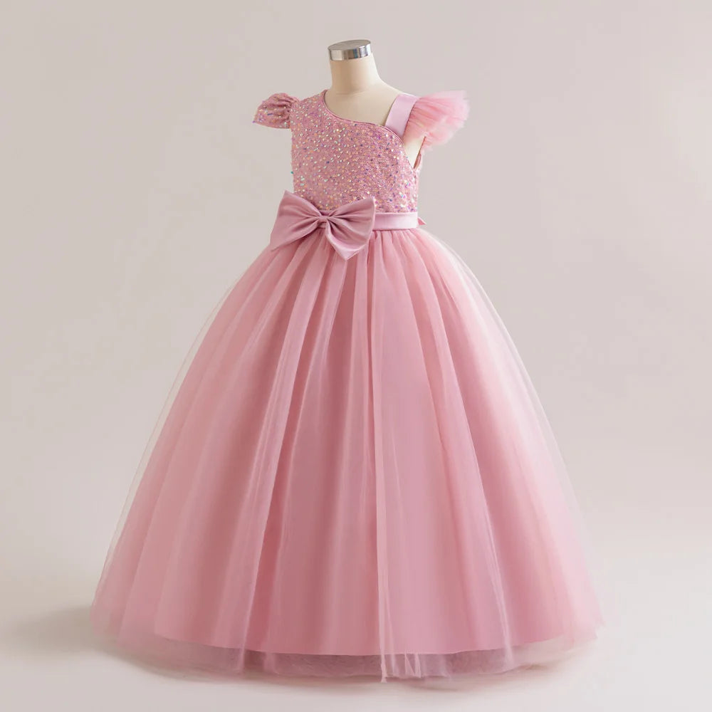 Summer Girls Princess Bridesmaid Dress Kids Long Prom Ball Gowns Children Wedding Birthday Party Eids Bow Lace Clothes Costume