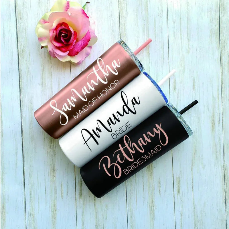 Personalized Tumbler with Straw Bridesmaid Gift Custom Name Bridal Party 20oz Insulated Skinny Tumbler Wedding Bachelorette cup