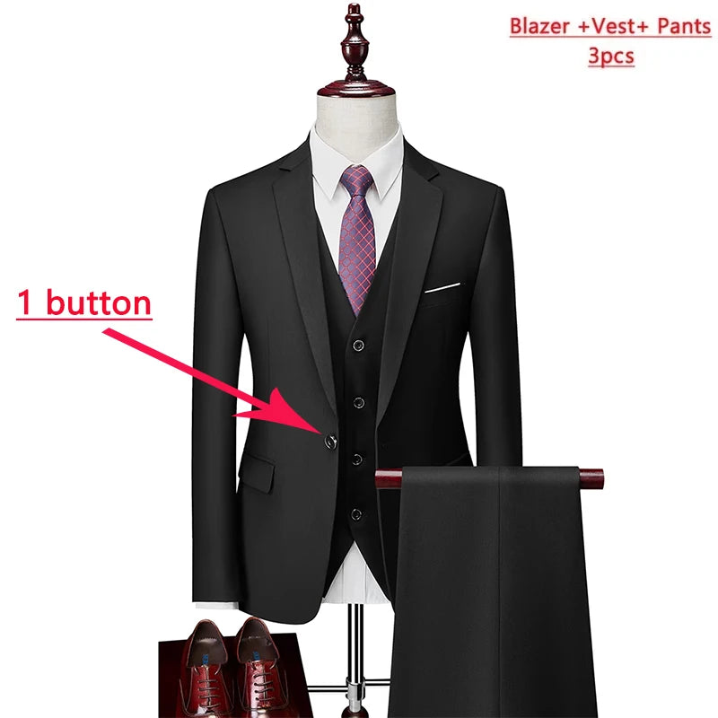 14 Color M-6XL ( Jacket + Vest+Pants ) High-end Brand Formal Business Mens Suit Three-piece Groom Wedding Dress Solid Color Suit