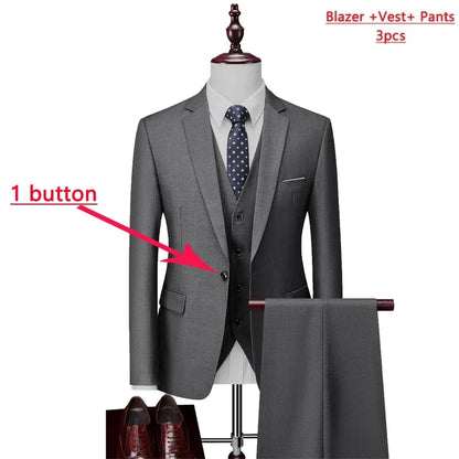 14 Color M-6XL ( Jacket + Vest+Pants ) High-end Brand Formal Business Mens Suit Three-piece Groom Wedding Dress Solid Color Suit