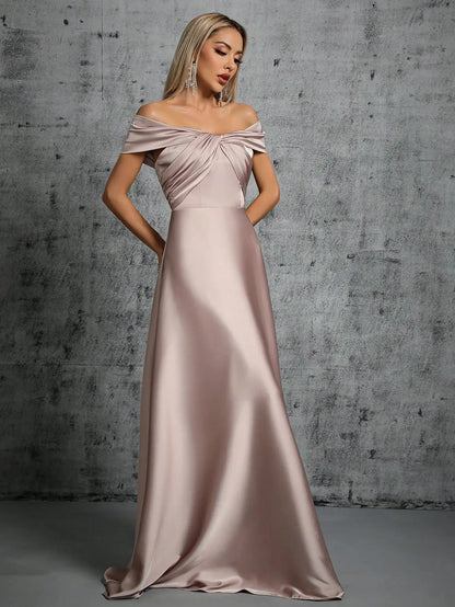 Mgiacy Line neck irregular cross pleated satin gown ball dress Party dress bridesmaid dress