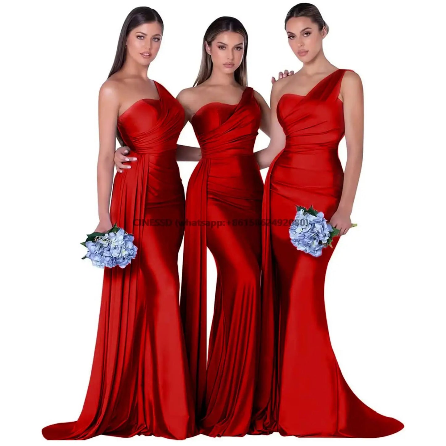 Elegant One-Shoulder Mermaid Bridesmaid Dresses Simple Sleeveless Satin Wedding Party Gown Vestidos Para Bodas With Train