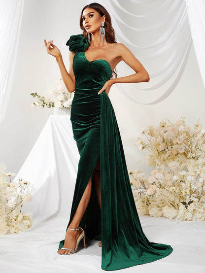 Long Sleeveless One-shoulder Three-dimensional Flower Dress